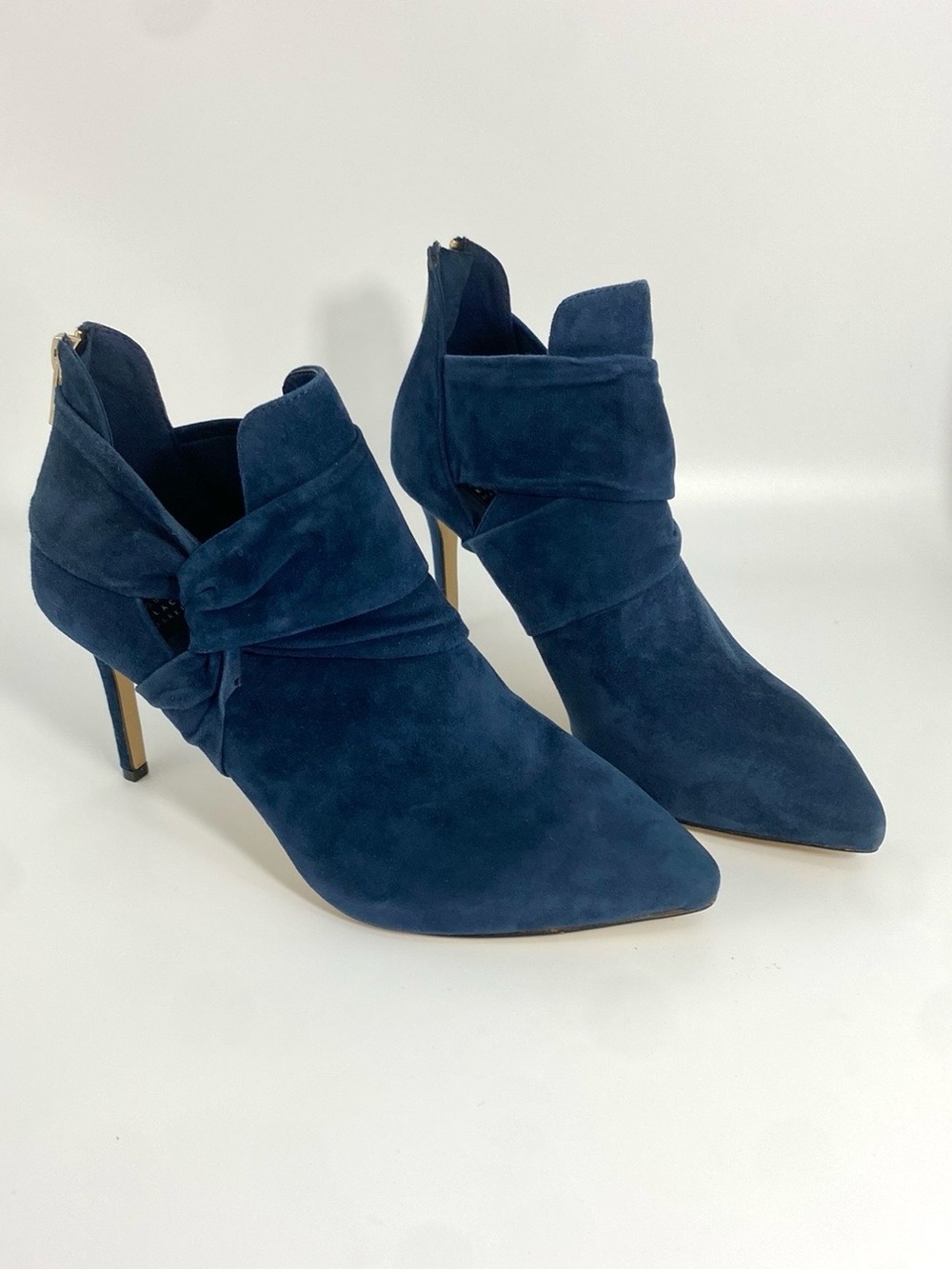 White House Black Market "Chloe" Side Twist Suede Stiletto Booties in Navy Blue - Picture 2 of 9
